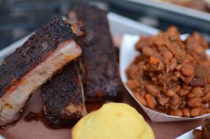 Ribs and baked beans at Wildfire Smokehaus
